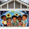 Space Themed Tapestry with Black Children, Earth Planets & Sunflower Print Wall Art for Nursery & Party Backdrop