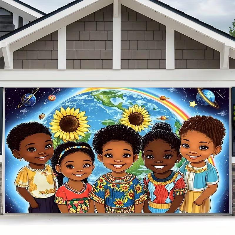 Space Themed Tapestry with Black Children, Earth Planets & Sunflower Print Wall Art for Nursery & Party Backdrop