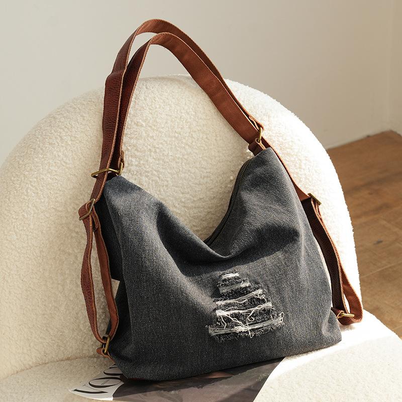 Large Capacity Denim Tote Bag with A Relaxed Style for Casual Cross-body or Double-back Carrying - Double-shoulder Bag Casually