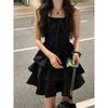 2025 French Black Spaghetti Strap Cinched Waist Summer Dress - Elegant and Slimming Puffy Skirt