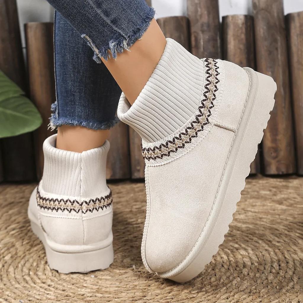 Fashion Warm Knitted Thick Bottom Velvet Snow Boots Women's Fleece Lined Extra Thick Woolen Mouth Snow Boots Winter Round Toe Rubber Sol