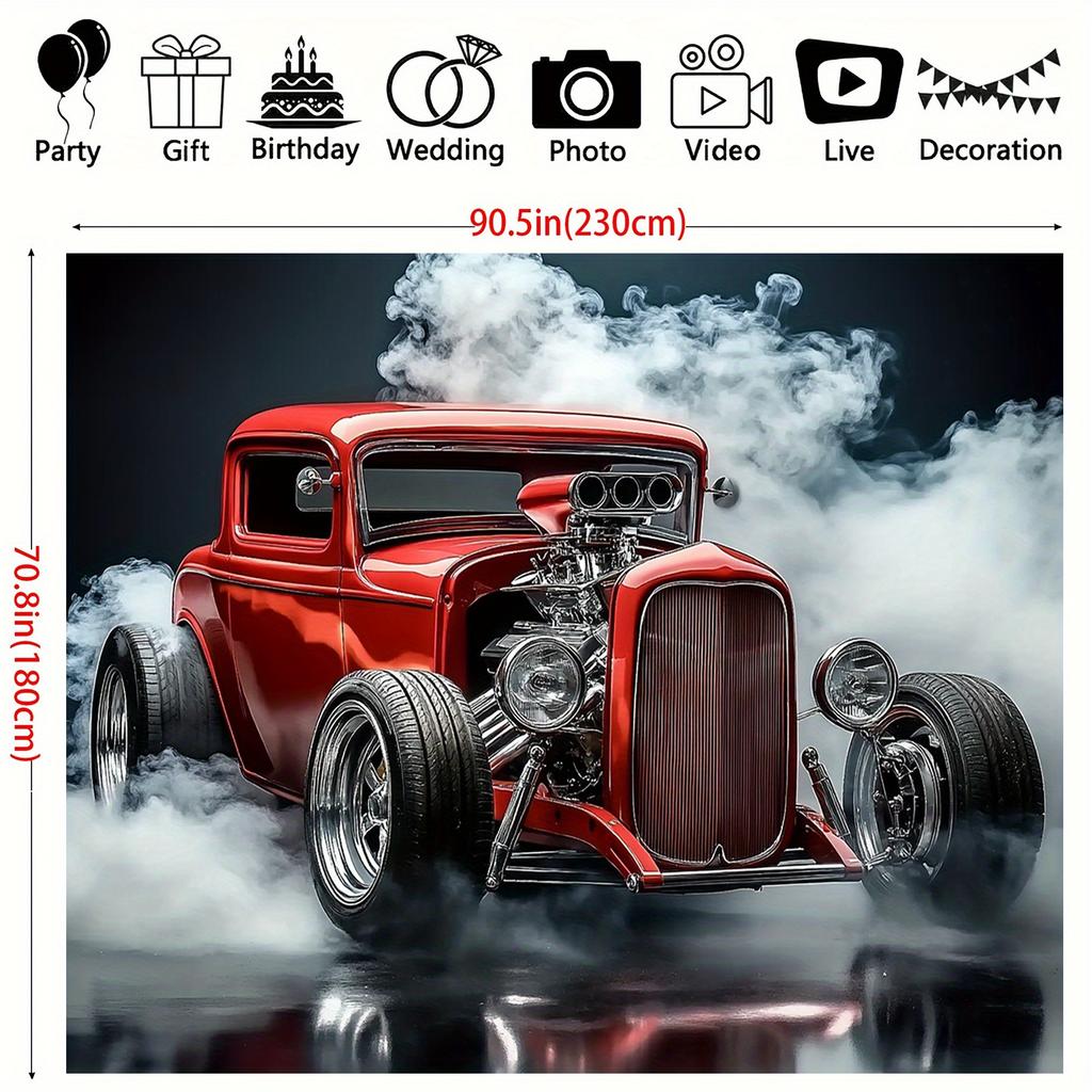 Classic Car-themed Photography Background Cloth - 1 Piece, Retro Vehicle and Smoke Party Background, Home Cake Table Decoration