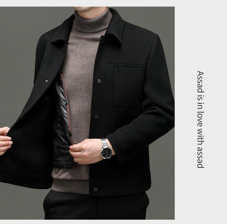Men's Fashionable Winter Wool Jacket with Detachable Down Liner and Stand Collar