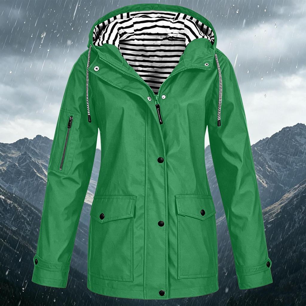 Women's Fashion Solid Color Hooded Loose Casual Waterproof Outdoor Jacket Lightweight Windbreaker Raincoat for Hiking Camping
