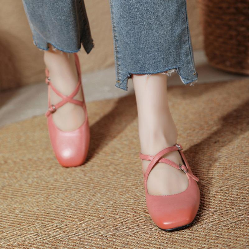 Retro Medium Thick Heel Women's Shoes Lightweight Mary Jane Shoes Cross Strap Square Toe Small Leather Shoes Shallow Mouth Casual Shoes