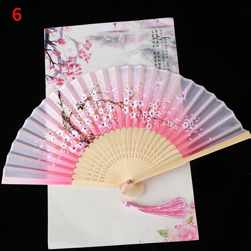 1Pc Vintage Silk Folding Fan Retro Chinese Japanese Bamboo Folding Fan Tassel Dance Hand Fan Home Decoration Ornament Craft Gift