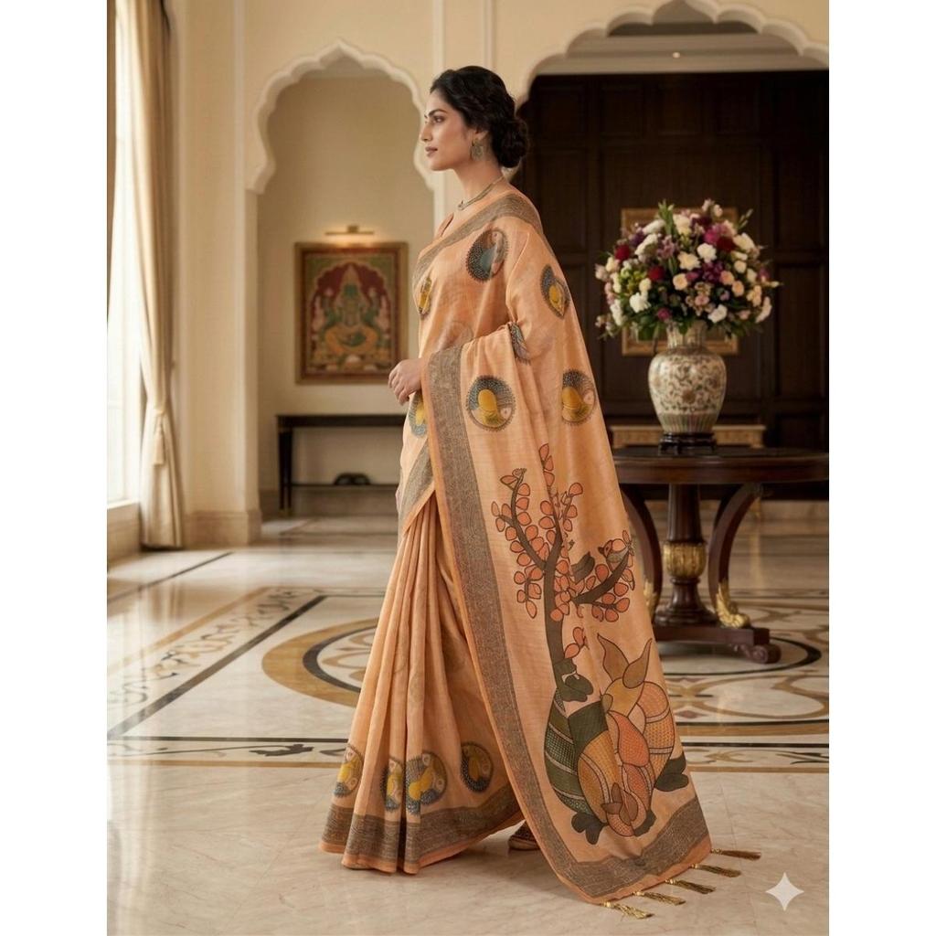Soft premium handloom fabric Digital Print With  Rich Pallu With Lace Border On Saree