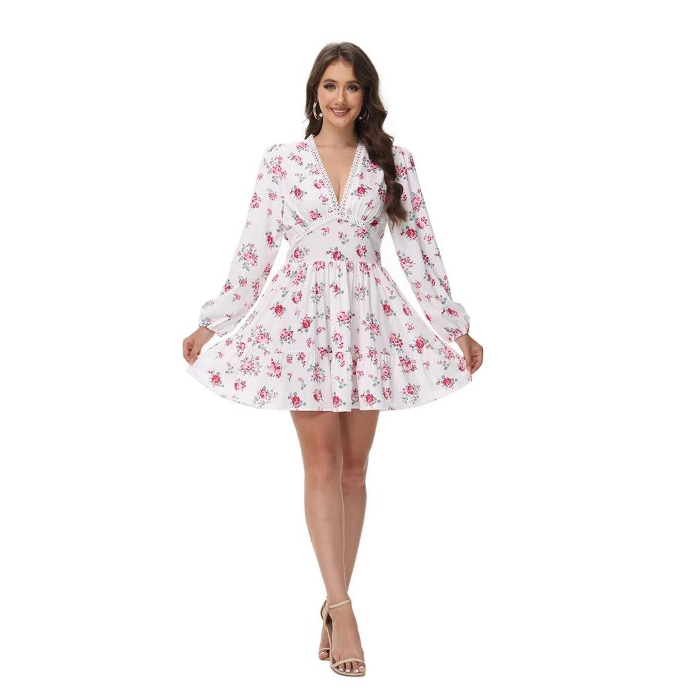 Damen V-Ausschnitt Dreiviertelarm Minikleid A-Linie Hohe Taille Süßer Blumendruck Lässiges Sommerkleid