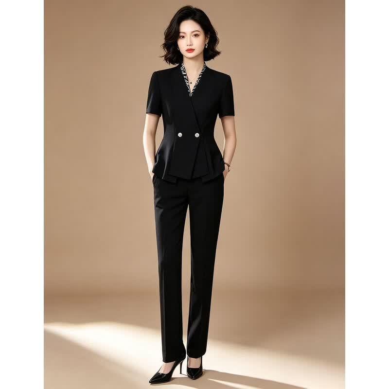 Women's V-Neck Short Sleeve Blazer & Pants Set