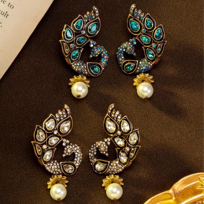 Vintage Set With Diamonds Peacock Pearls Tassel Earrings Court Style