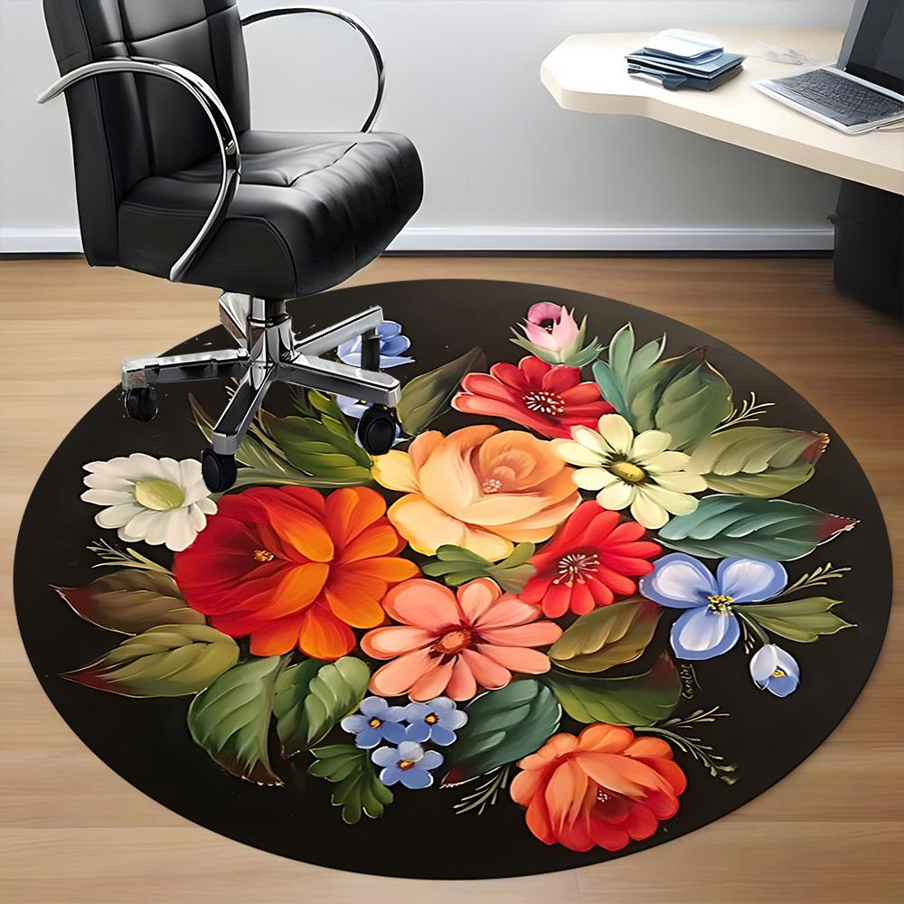1pc Colorful Flowers Chair Carpet for Office, Round Non-Slip Durable Large Size Office Carpet, Suitable for Office, Beautiful Decoration