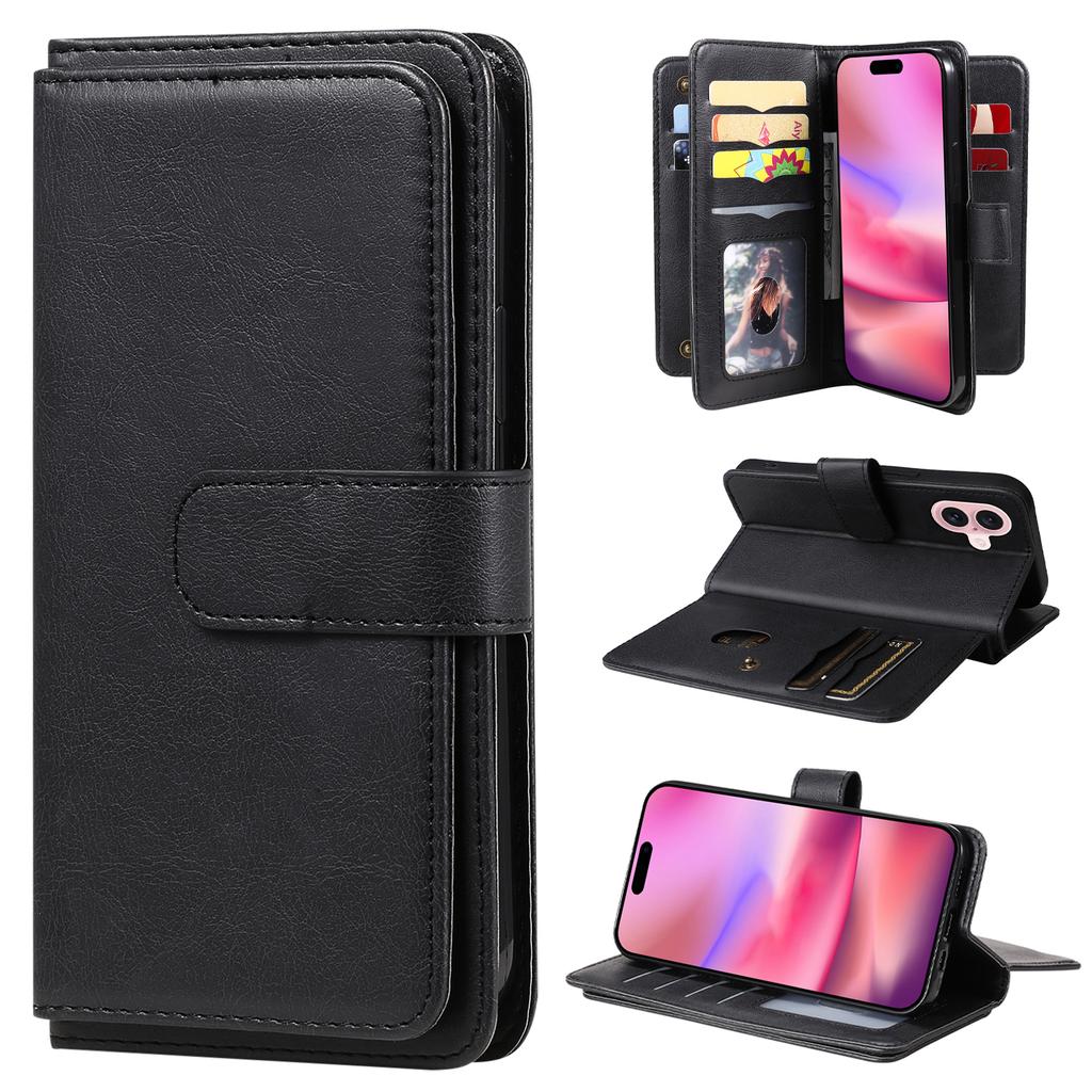 For iPhone 16 Leather Case with 10 Card Holder Phone Cover Stand