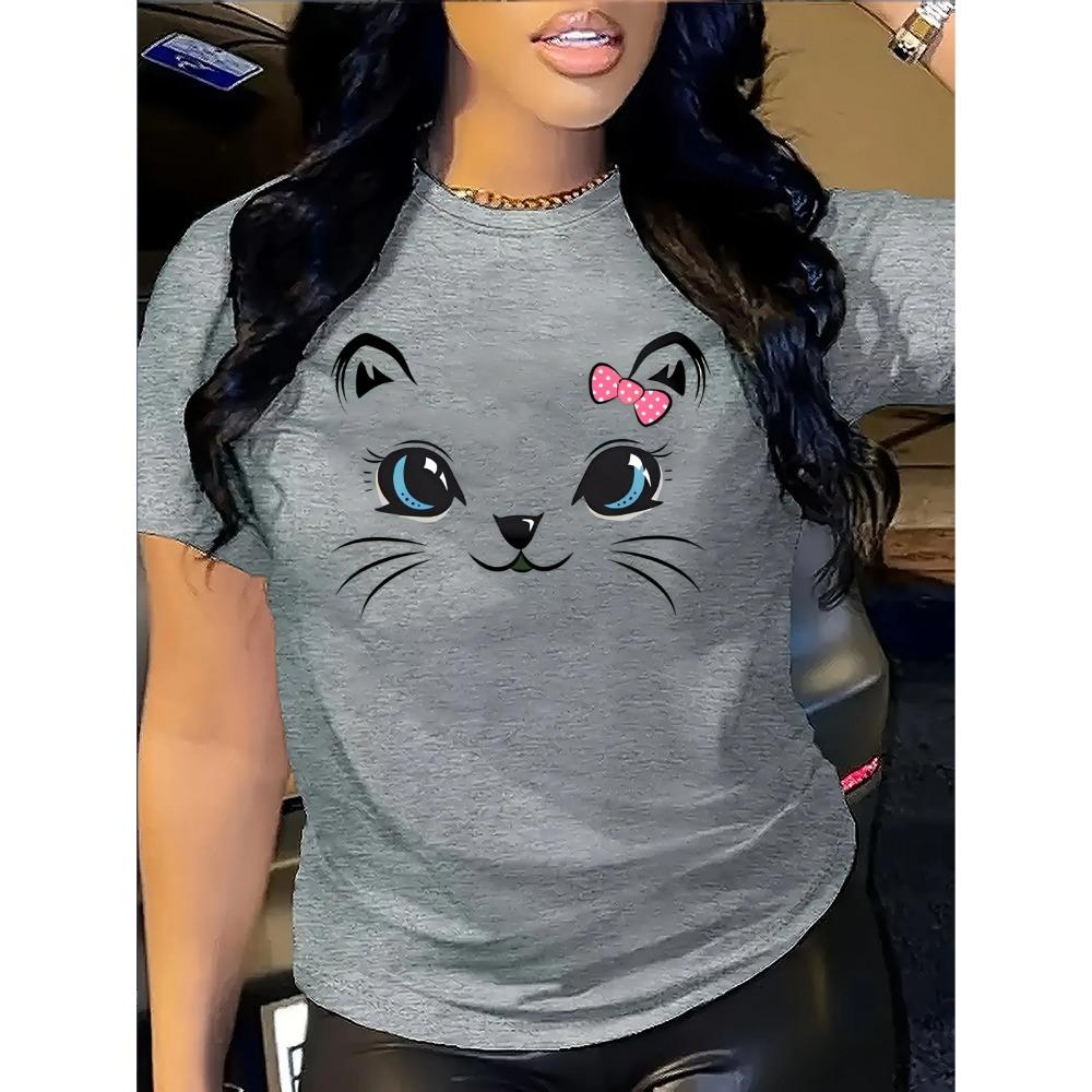 Women's Casual Cat Print T-Shirt - Soft Stretchy Crew Neck Short Sleeve Top