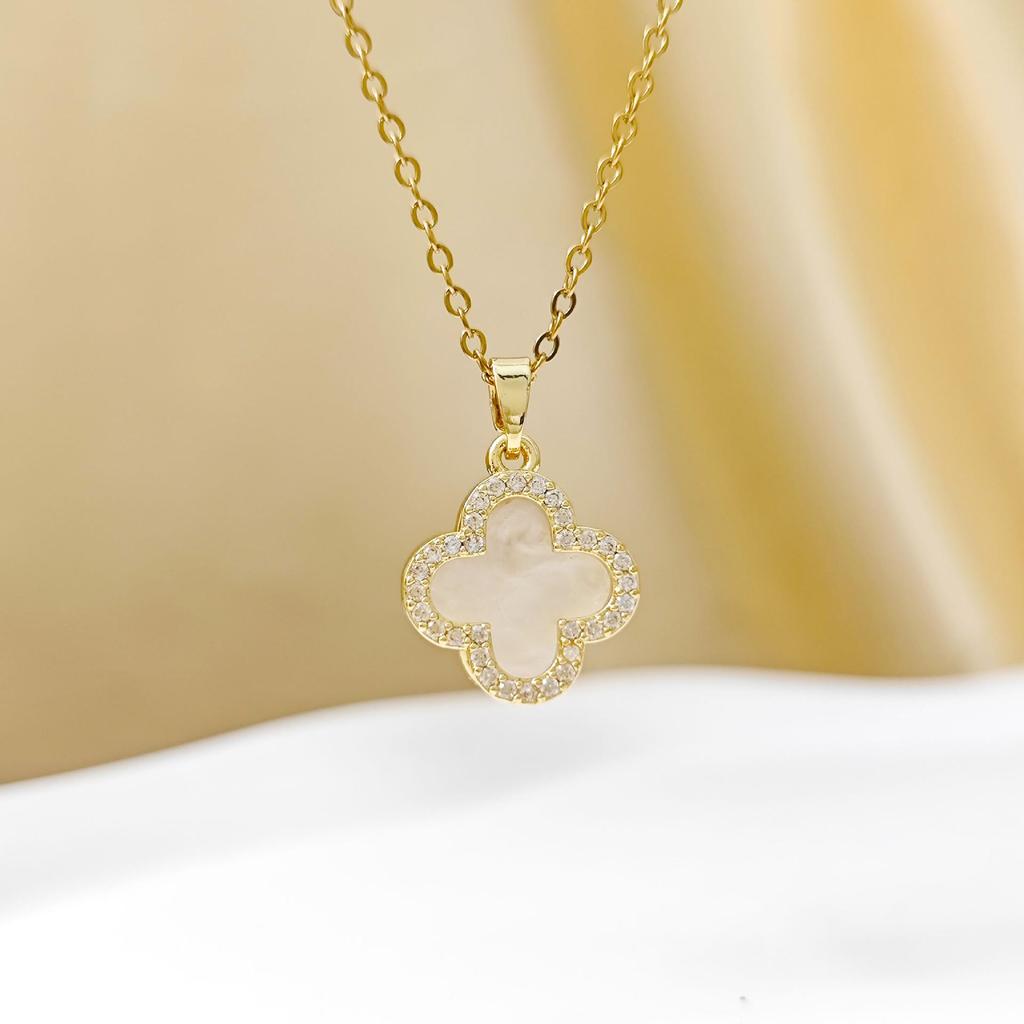 Cross Double Layer Four-Leaf Clover Mother-of-Pearl Necklace - Korean Simple Luxury Style Pendant, Trendy Internet Celebrity Hot Item.