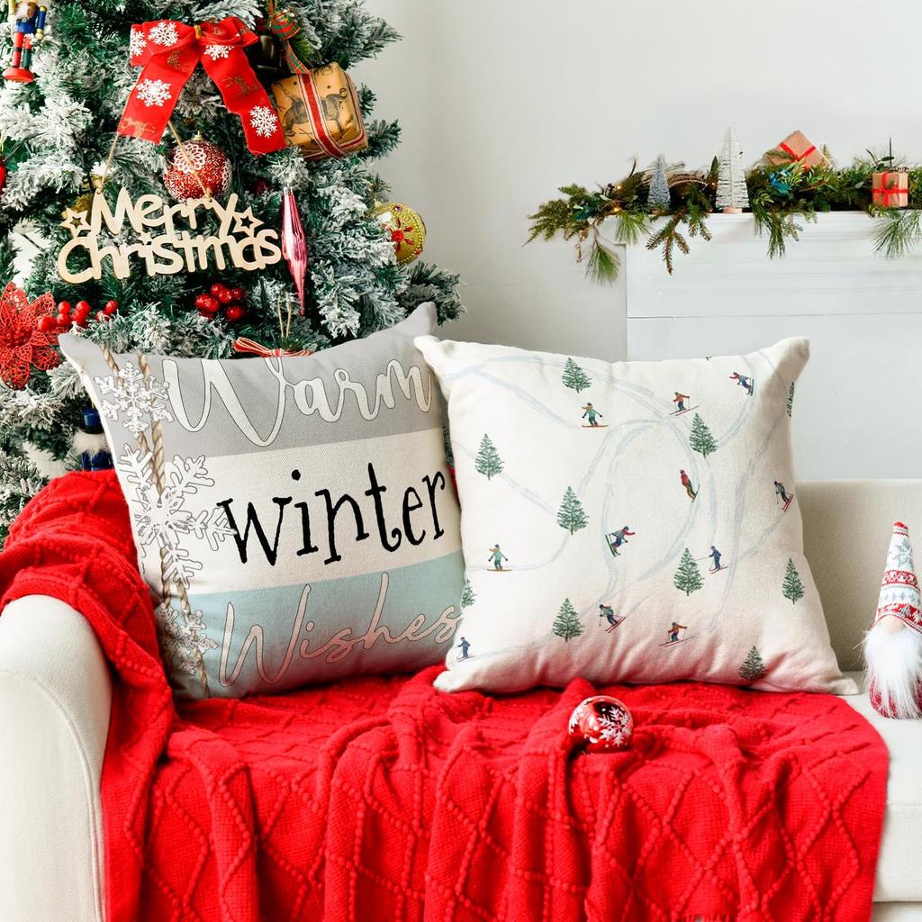 AVOIN colorlife Winter Skiers Cable Cars Snow Throw Pillow Covers, 16 x 16 Inch Warm Winter es Love Lives Here Seasonal Holiday Cushion Case