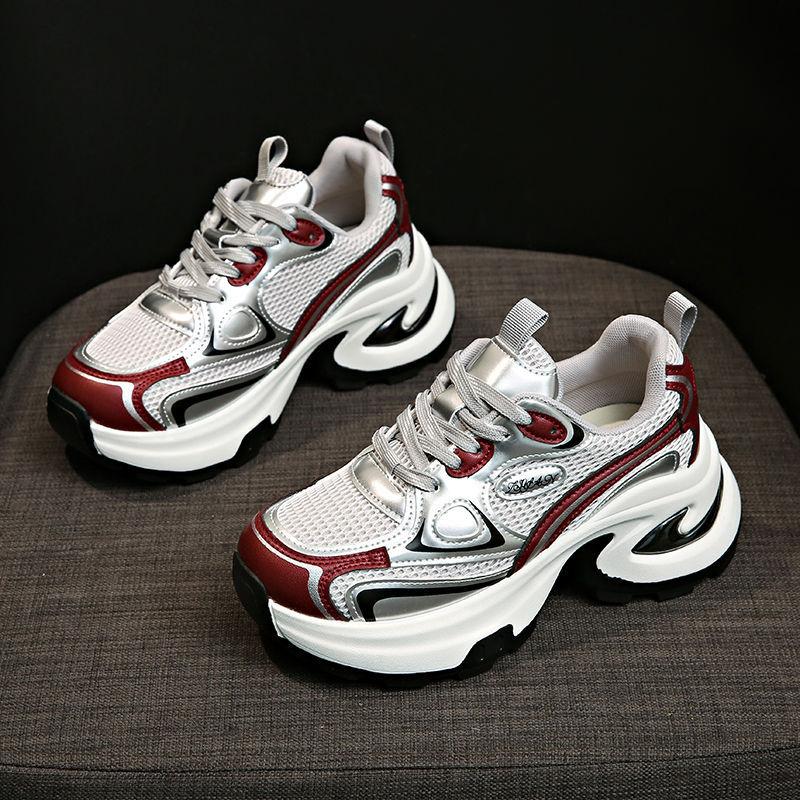 Net Shoes Are Light and Heightened Casual Sports Shoes for Women's New Spring and Autumn Silver Platform Dad Shoes for Women