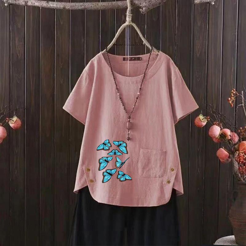 2025 Summer Butterfly Print V-neck Cotton Hemp Women's T-shirt - Casual & Chic