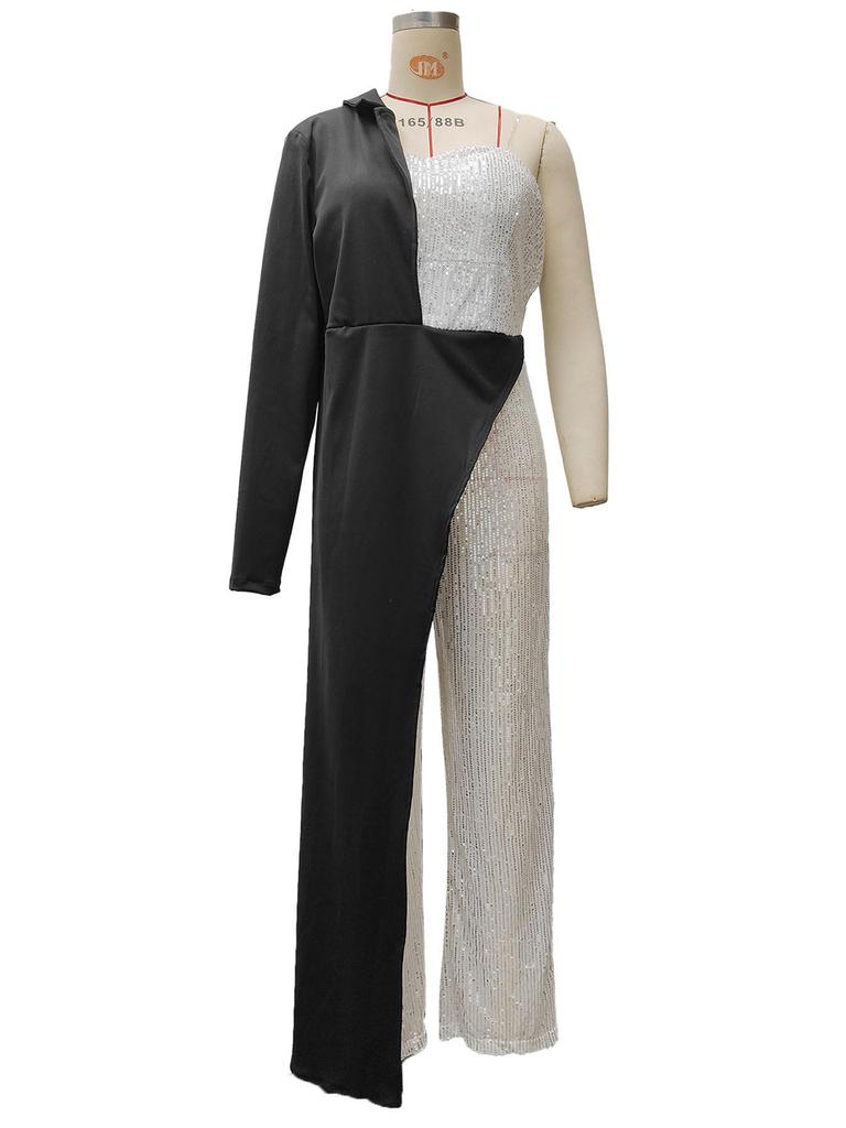 2025 One-Shoulder Silver Splicing Sequin Jumpsuit for Women - European & American Fashion