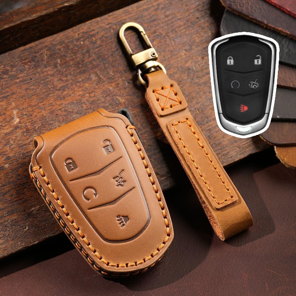 Genuine Leather Auto Key Fob Remote Cover Case 4 5 Botton Fit For Cadillac Ats Ct6 Cts Dts Xt5 Escalade Esv Srx Sts Xts Elr 2014
