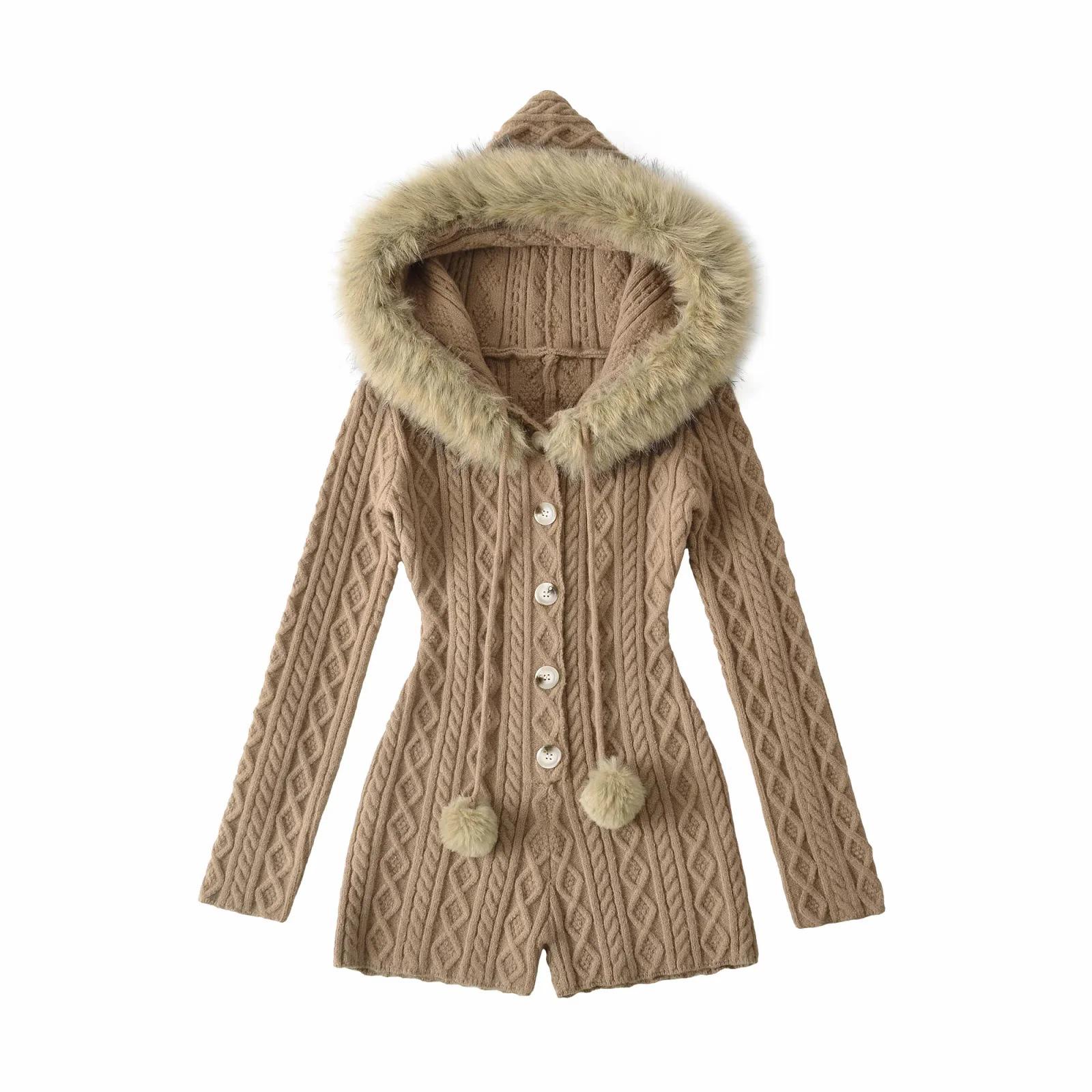 

Spicy Girl Slimming Hooded Grey Jumpsuit with Fur Collar and Long Sleeves for Autumn/Winter S (Under 42.5 kg) хаки