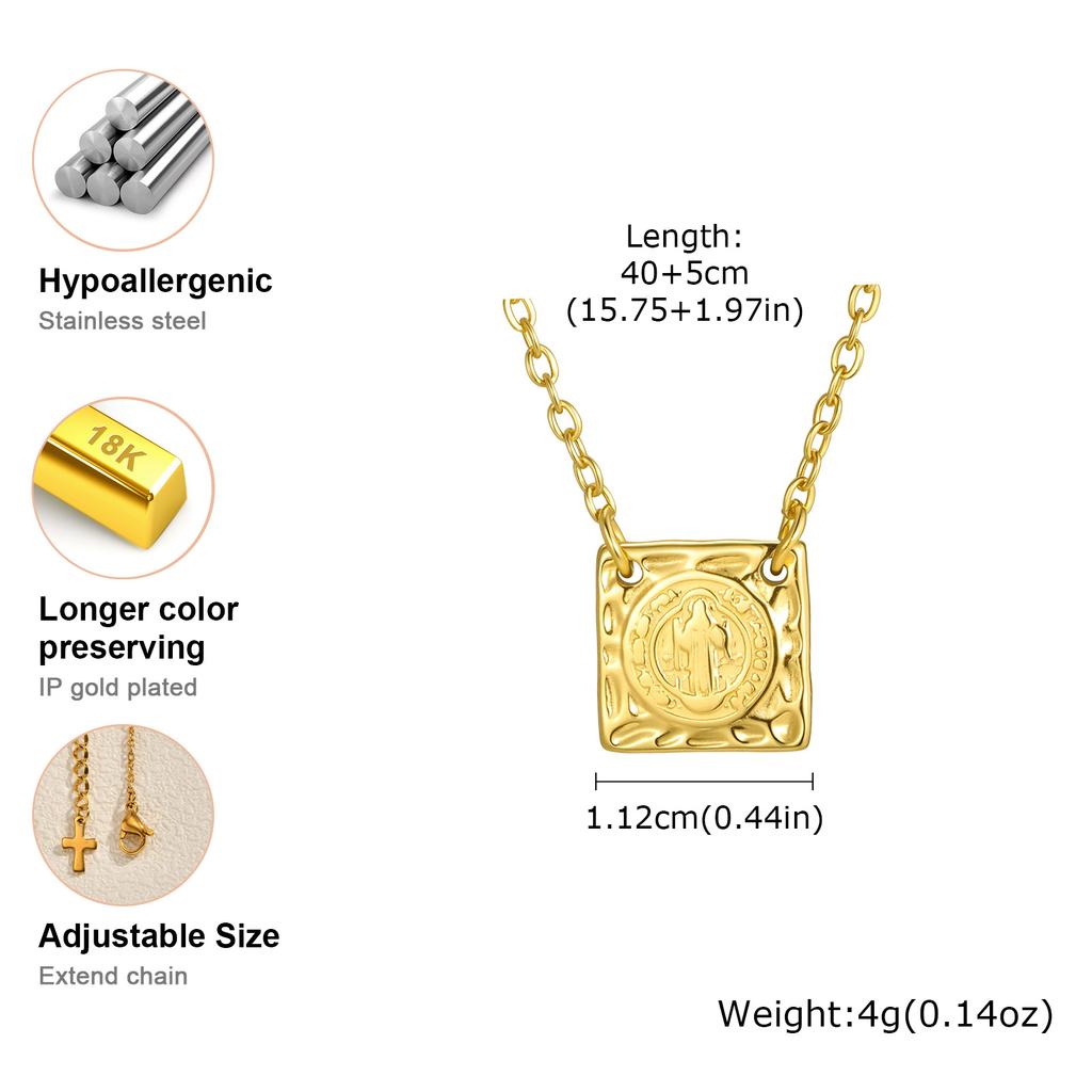 Stainless Steel Saint Benedict Necklace Square Pendant Women's Gold Plated Geometric Necklaces,Holy Jewelry Gift