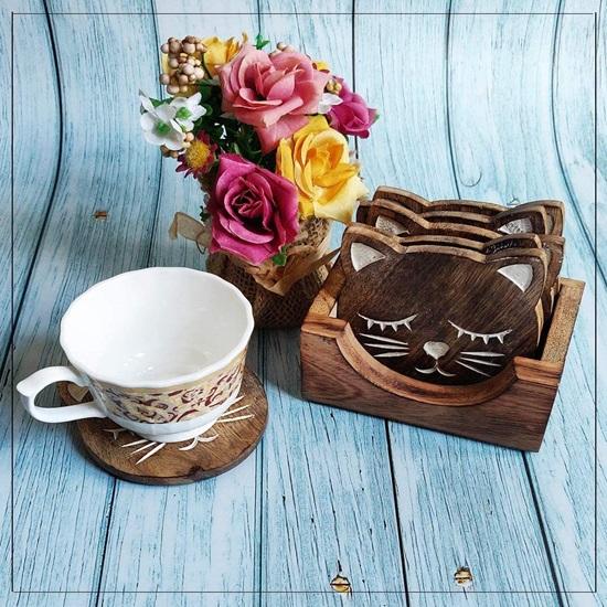 11 Cm Wooden Handcrafted Cat Design Coasters for Drinks Hot Cold Wooden Coaster Sets with Holder Dining, Tea Coffee Table Decorative Cocktail Coasters