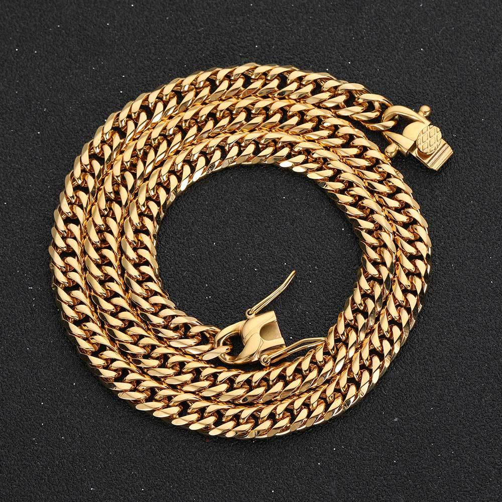 European and American Hip-hop 7mm Faucet Buckle Stainless Steel Double-woven Cuban Necklace Electroplating Six-sided Grinding Titanium Steel Necklace