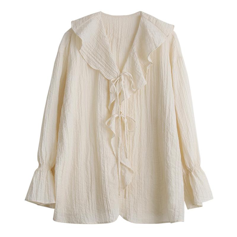 Frühlingsrüschen Schlagärmel Schnürung Vintage Lässige Hemden für Damen Mode Elegant V-Ausschnitt Lockere Blusen Damen Oberteile Slim Fit Einfarbiges Damenhemd 25999