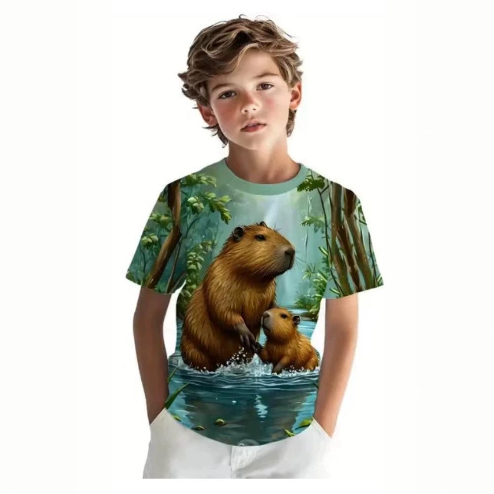 Fashionable Summer Children's T-shirt Parrot Beach Printing Soft Comfortable Breathable Round Neck Short Sleeved T-shirt