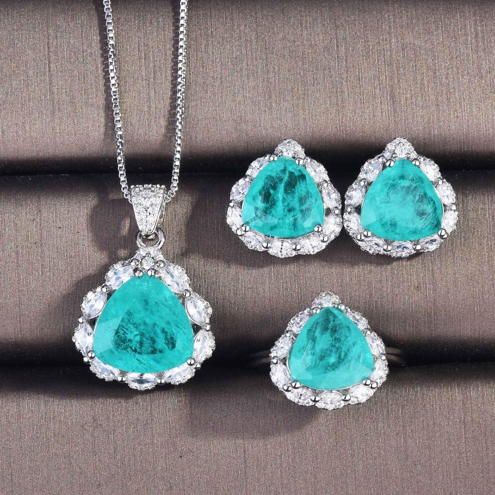 Women Jewelry Set Imitation Paraiba Necklace Light Green Diamond Ring Earrings Triangle Set