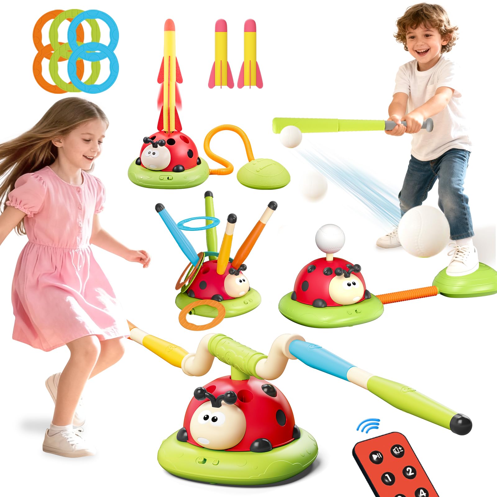 

MAVEKID 4 In 1 Ladybug Toy Outdoor Play Electric Jump Rocket Ring Toss Toy Set with Outdoor and Indoor Play Park Play Camping Family Sports Popular