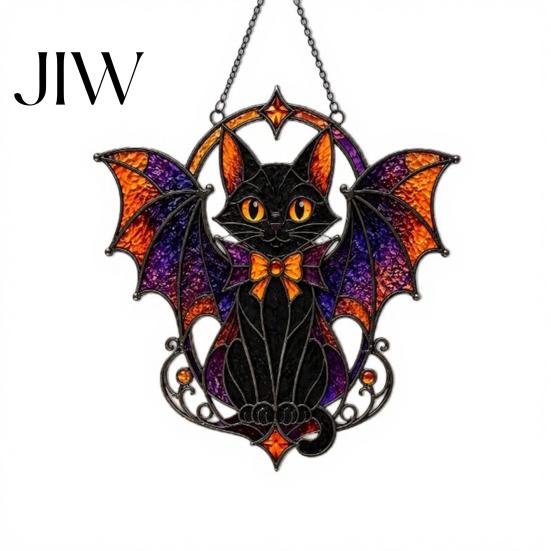 Festival Atmosphere Display Halloween Bat Cat Suncatcher, Stained Glass Style Acrylic Sun Catcher, Gothic Lightweight Hanging Ornament Black for Home