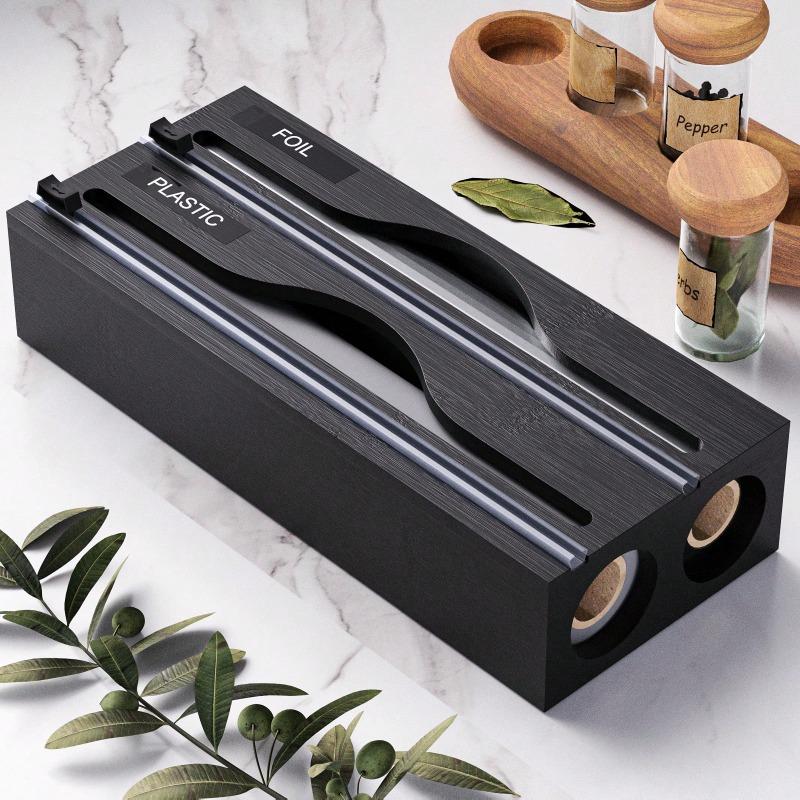Eco-Friendly Bamboo Kitchen Wrap Cutter and Foil Storage Box - Wall-Mounted 2-in-1 Organizer for Easy Carry and Practical Use