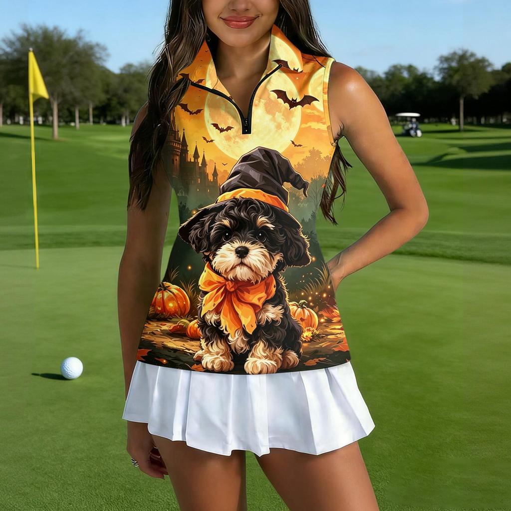 Women's Sleeveless Golf Shirt with Zipper Collar Halloween Print Sports Vest for Casual Wear