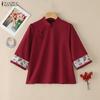 ZANZEA Women Print Splice 3/4 Sleeve Casual Stand Collar Loose Blouse