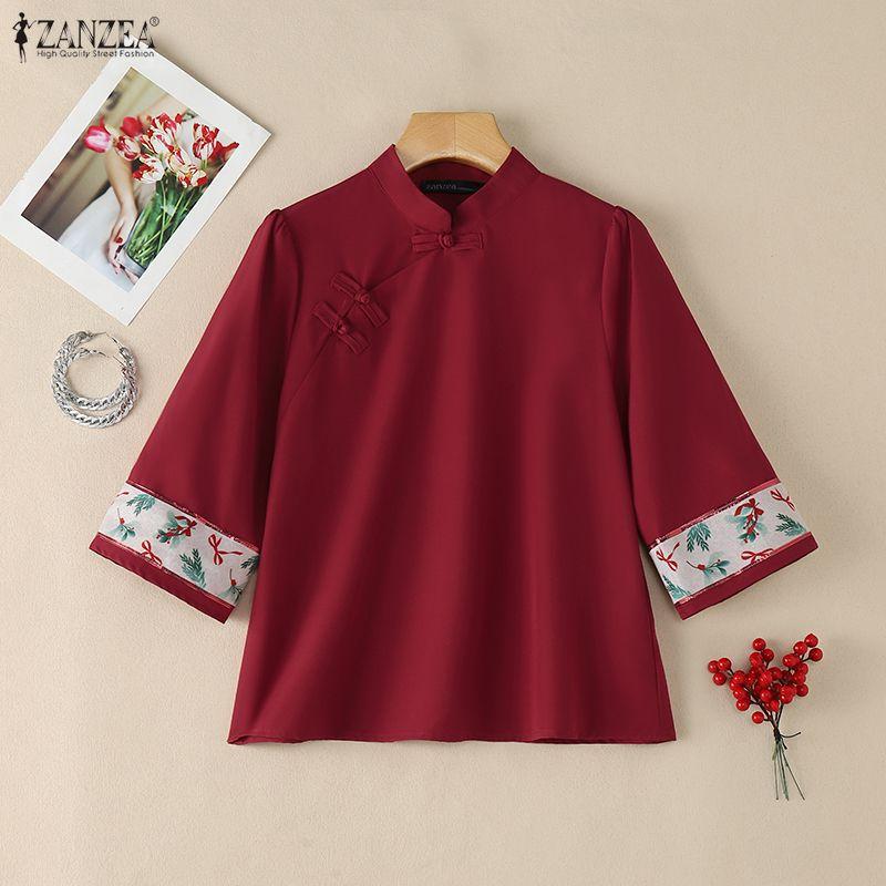 ZANZEA Women Print Splice 3/4 Sleeve Casual Stand Collar Loose Blouse