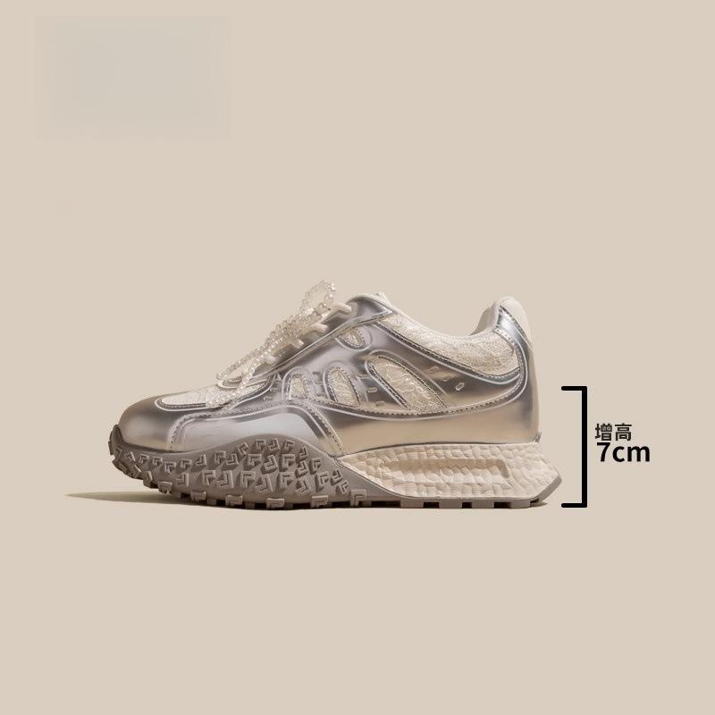

Немецкие тренировочные туфли на толстой подошве с внутренней платформой для увеличения роста, женская обувь 2025, новые весна и лето, серебристые, повседневные, спортивные, маленькие белые туфли, балетки 39 серебряный