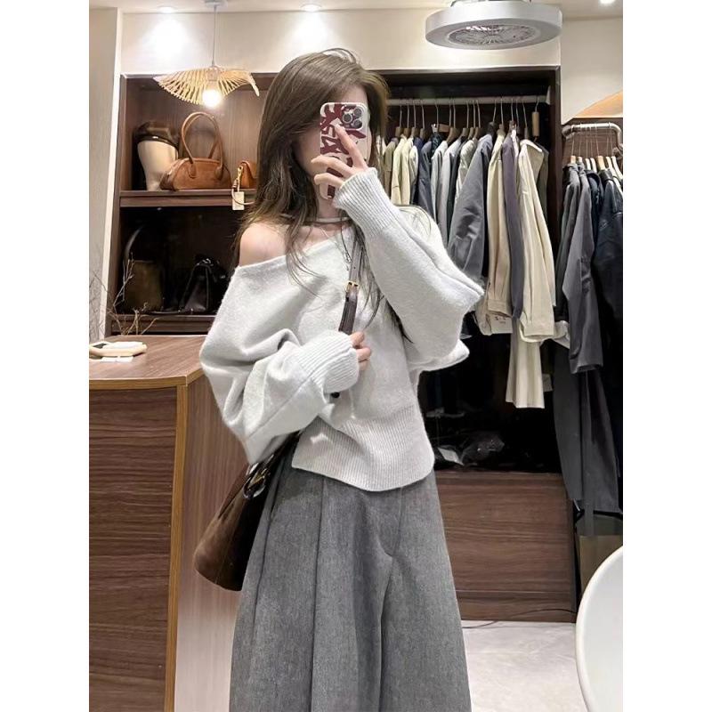 2026 Korean Style Off-Shoulder Knit Sweater for Women - Autumn Winter High-End Solid Color Short Top