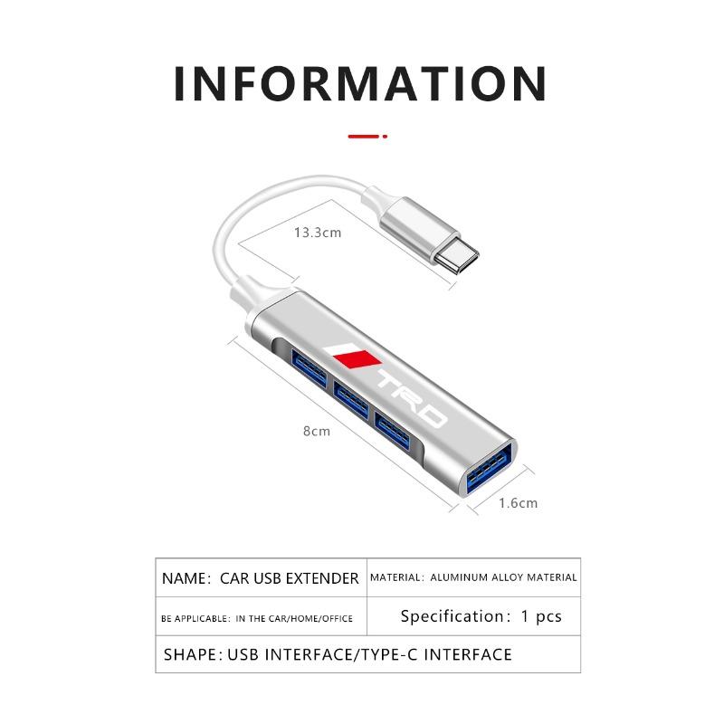 4 Ports USB 3.0 HUB TYPE-C Multi High Data Transmission Car Adapter For Toyota TRD Fortuner Chr Verso Prius Hiace Yaris Trd Corolla