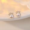 Silver Crown Pearl Stud Earrings For Women Luxury Fashion Jewelry