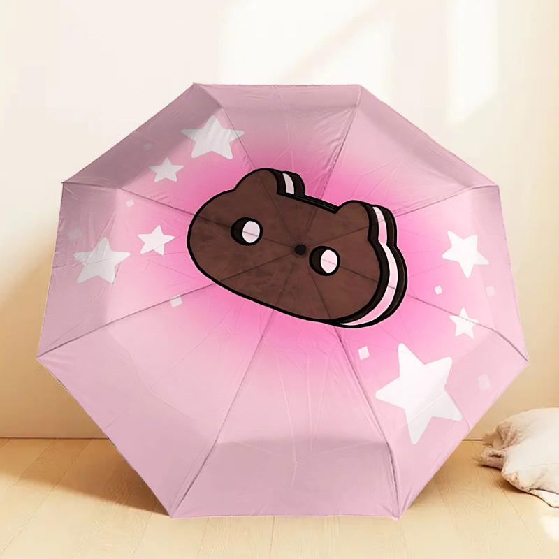 1pc Cookie Cat Automatic Folding Umbrella 8 Rib Iron Frame, Compact Portable Umbrella Suitable for Travel, Daily Use, Birthday, Women & Men Gift 035