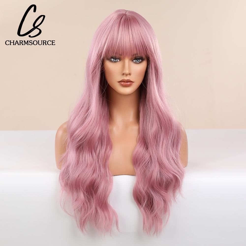 CharmSource Lange natürliche gewellte Perücke mit ordentlichem Pony/Fransen für Frauen, rosa Haar, synthetische Perücken, Cosplay, Party, hitzebeständige Faser