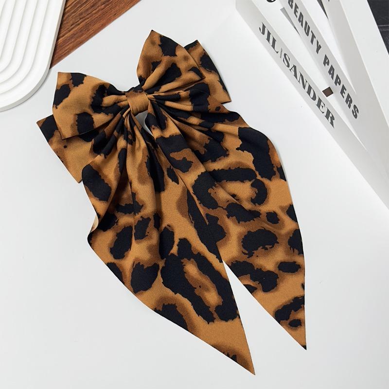 Vintage Leopard Print Bowknot Hairpin Long Ribbon Back Head Spring Clip Ponytail Headwear for Women Elegant Versatile Hairpin