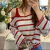 Korean-Style Striped Sun Protection Knit Top - Women's Fashionable Slimming Short Sleeve