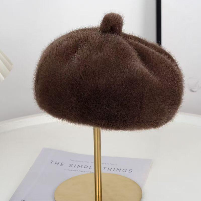 

Sweet Faux Rabbit Fur Beret Hat Women Autumn Winter Thicken Keep Warm Furry Flush Artist Flat Cap Solid Color Painter Hats хакі