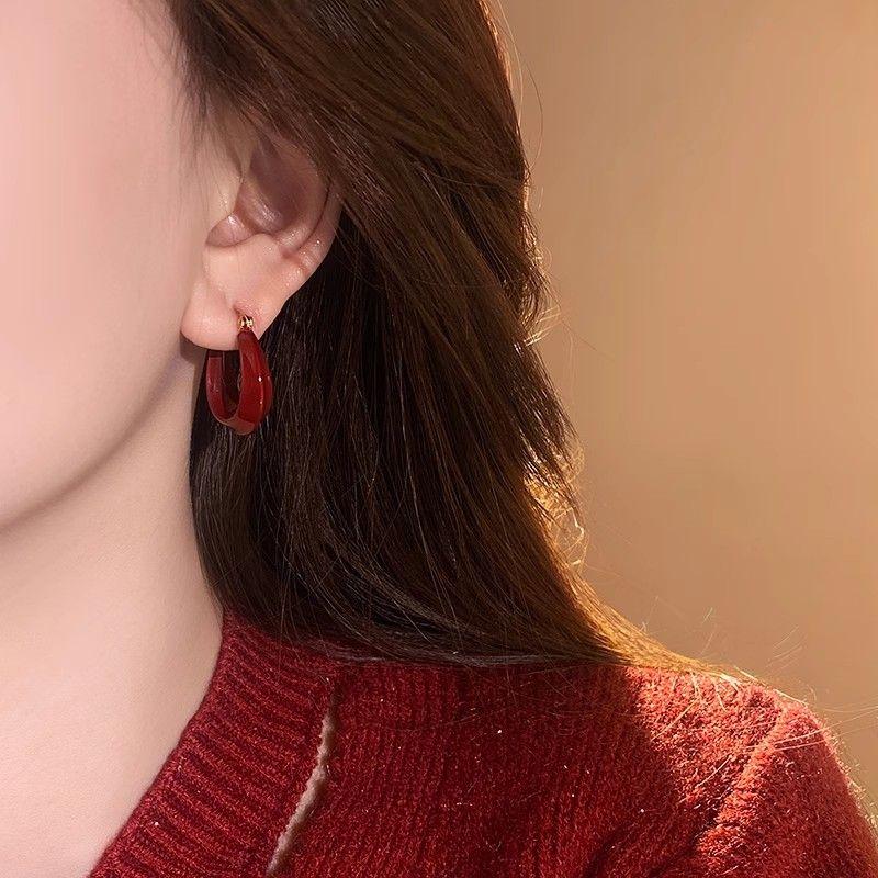 

Fancy Accessible Luxury Red Tulip Pearl Stud Earrings for Women Unique 2025 New Arrival Hot-Selling Earrings New Year Earrings Red U-shaped drop glaze