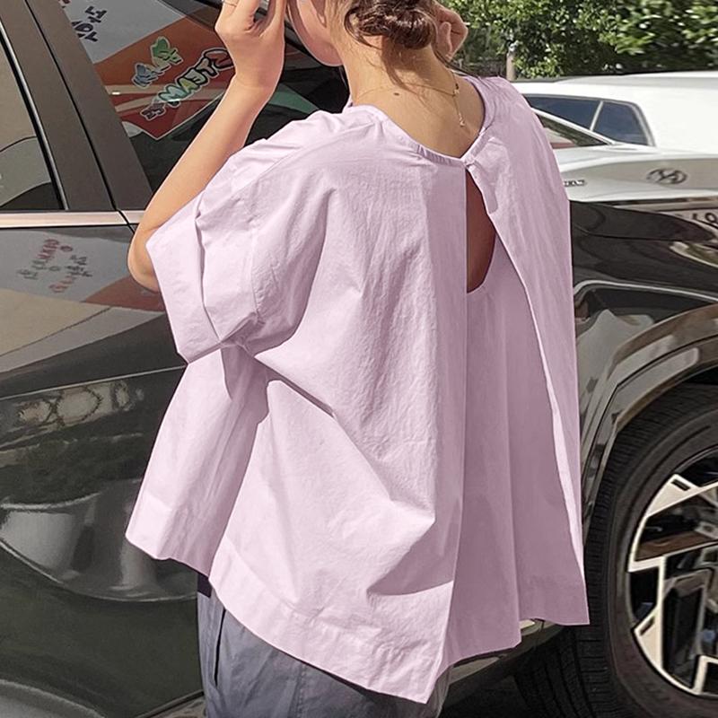 

ZANZEA Women Summer Round Neck Hollow Short Sleeve Backless Blouses 3XL