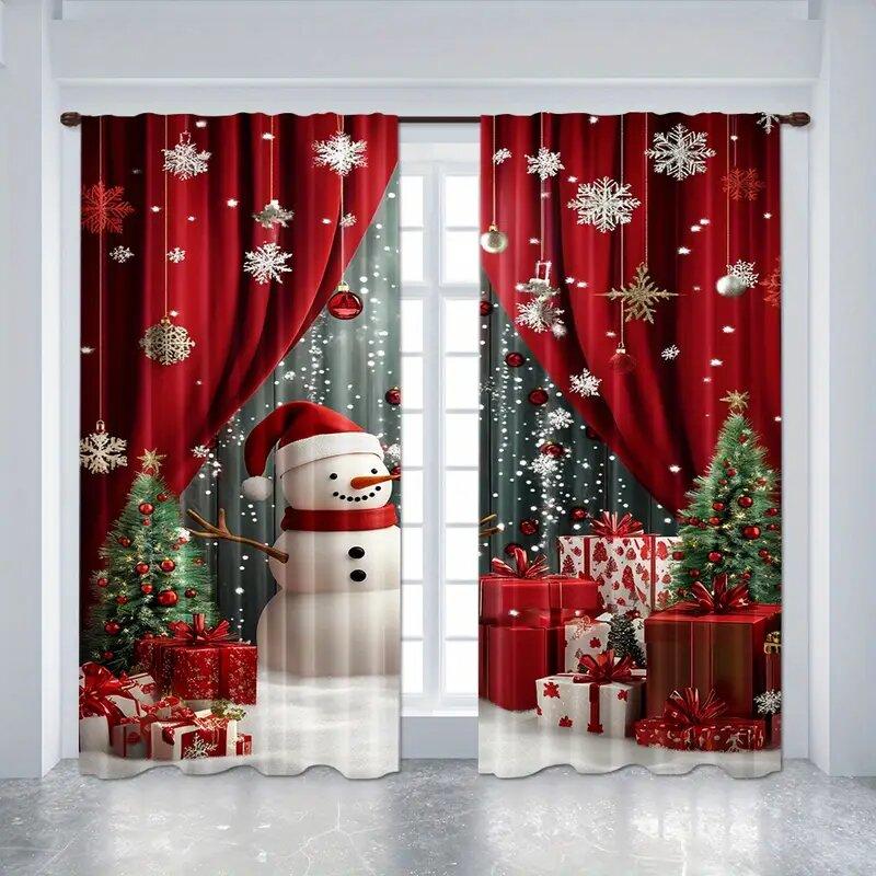 2pcs - Christmas curtains   holiday Christmas snowflake polyester printed curtains   home decoration   room decoration
