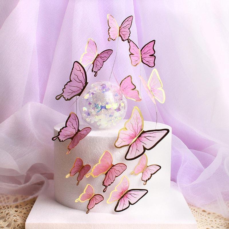 10Pcs/Set Birthday Cake Toppers Cake Decoration Handmade Painted Butterfly Cake Topper for Wedding Birthday Party Baby Shower