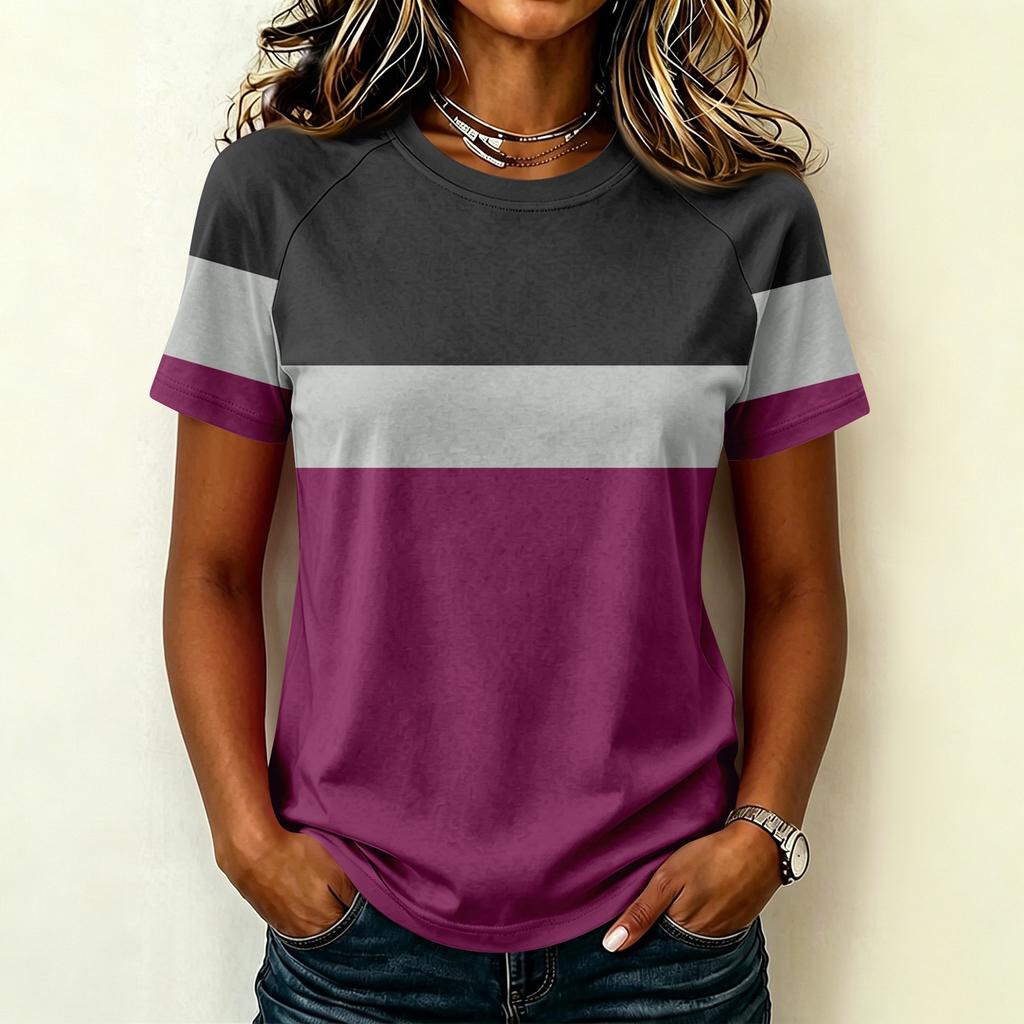 Women's Fashion Raglan Sleeve Crew Neck Casual Colorblock Print Short Sleeve Top Lightweight Soft Fabric Comfortable Fit